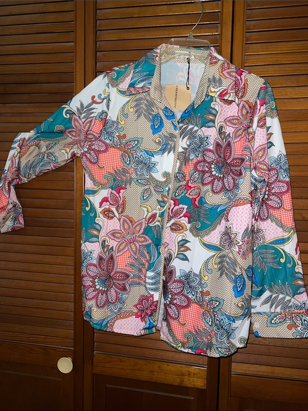 Floral Paisley Print Blouse - Teal, Coral & White
